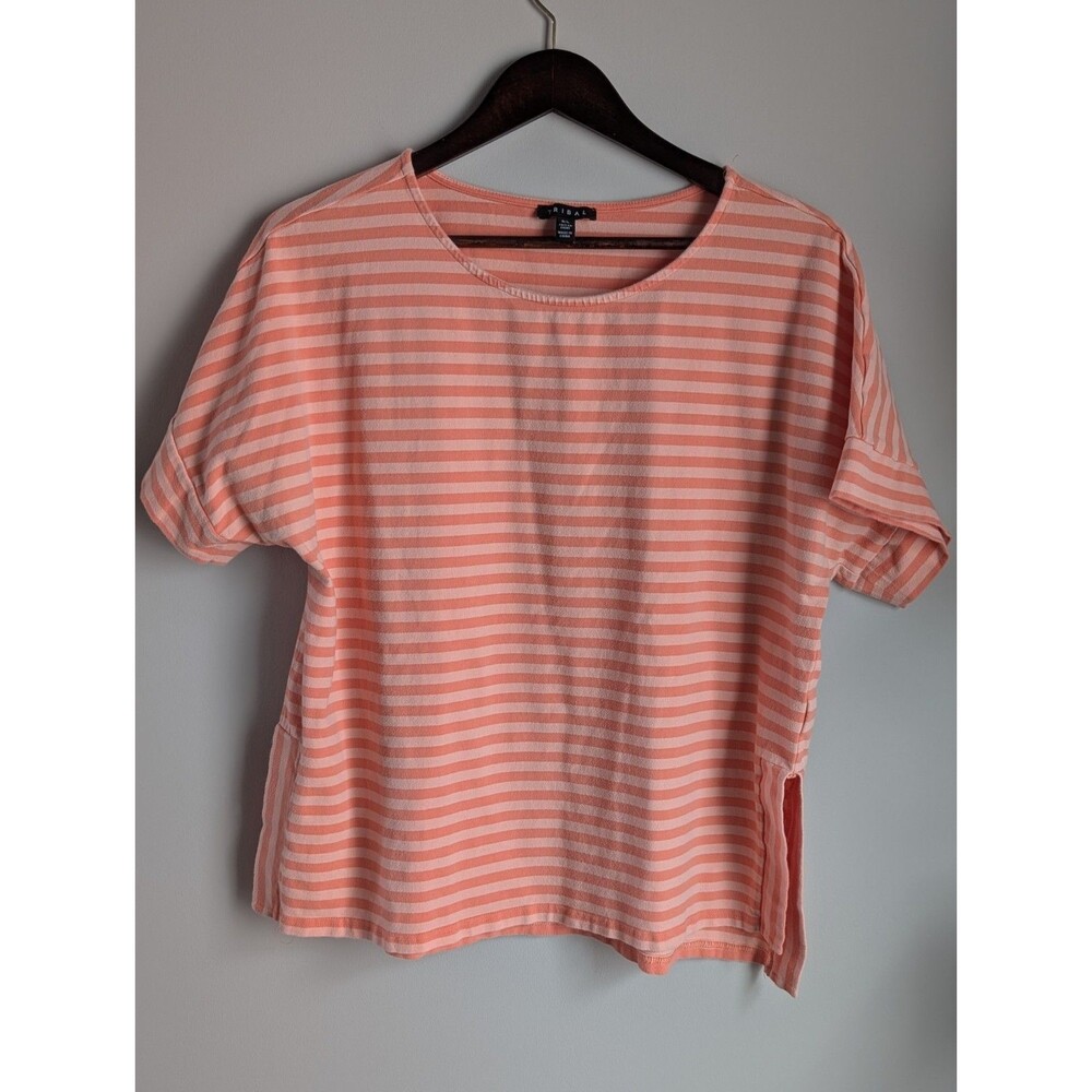 Tribal Women's Pink Striped Short Sleeve Top Size Large Cotton Spandex Stretch